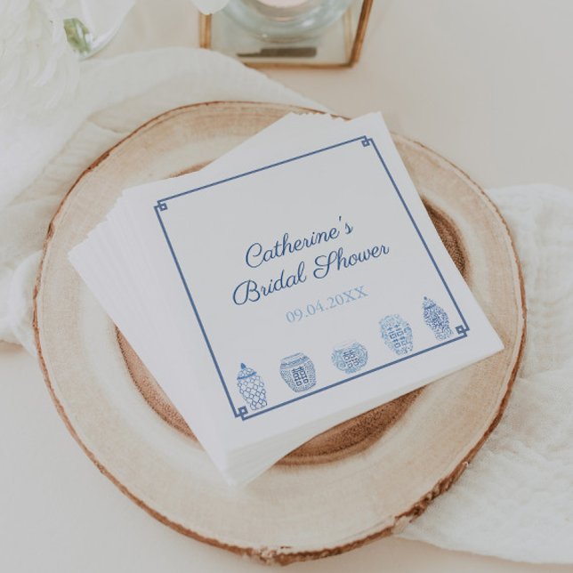 Servilleta De Papel Moda Chinoiserie blanca azul Ducha nupcial Boda (Blue and white ginger jar bridal shower party napkins with Greek key border)