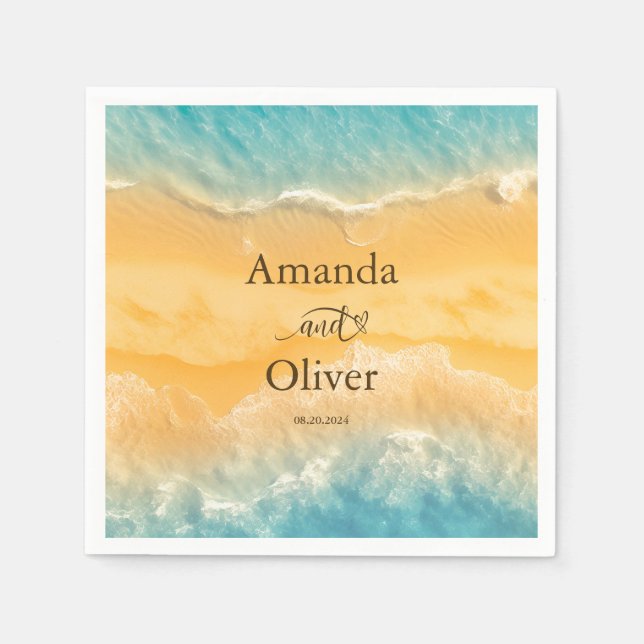 Servilleta De Papel Moda costera Boda de agua turquesa de arena dorada (Anverso)