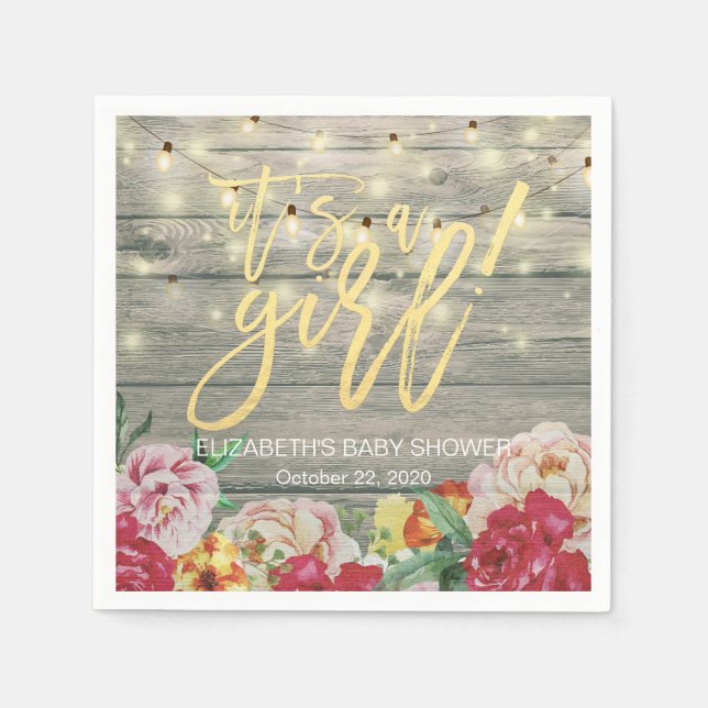 Servilleta De Papel Moda de madera rústica Floral String Lights Baby S (Anverso)