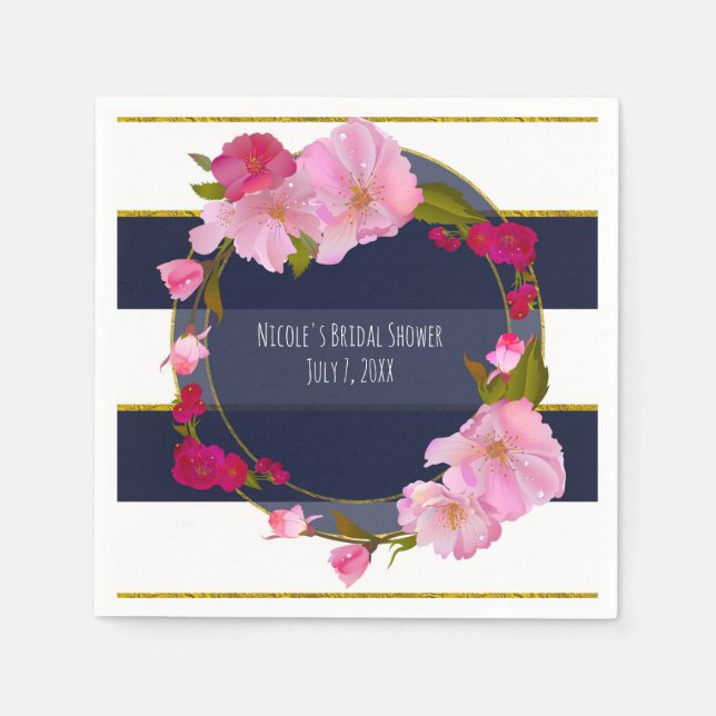 Servilleta De Papel Moda floral moderna azul blanco y dorada Glam Fies (Anverso)