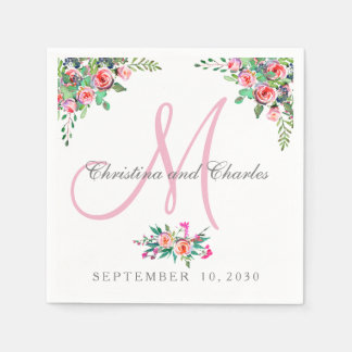 Servilleta De Papel Moda Floral Rosa Monograma Boda Papel
