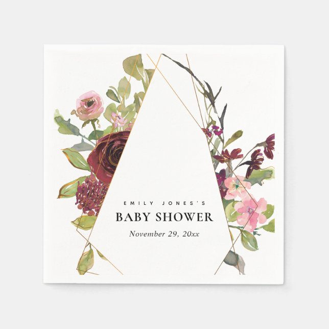 SERVILLETA DE PAPEL MODA GOLD RUBOR BURGUNDY ROSA FLORAL BABY SHOWER (Anverso)