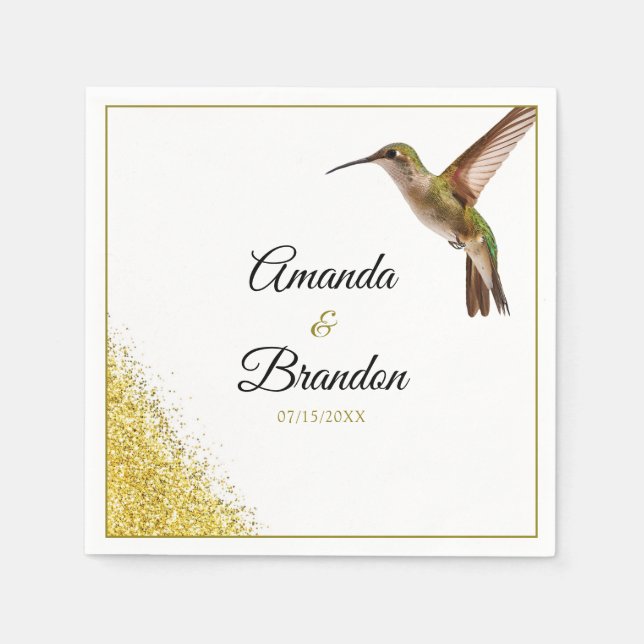 Servilleta De Papel Moda Green Hummingbird y Gold Dust Boda (Anverso)
