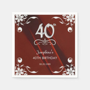 Servilleta De Papel Moda Marco floral plateado Borgoña 40 cumpleaños