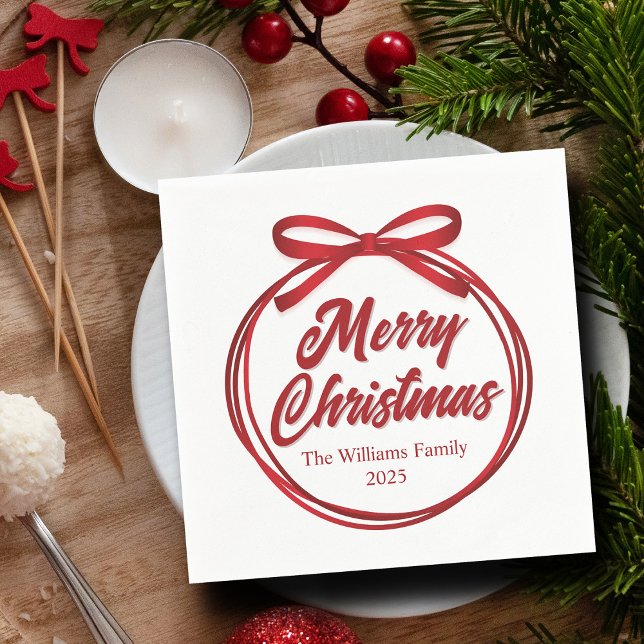 Servilleta De Papel Moda Merry Christmas Script Red Ribbon Bow Fiesta (Subido por el creador)