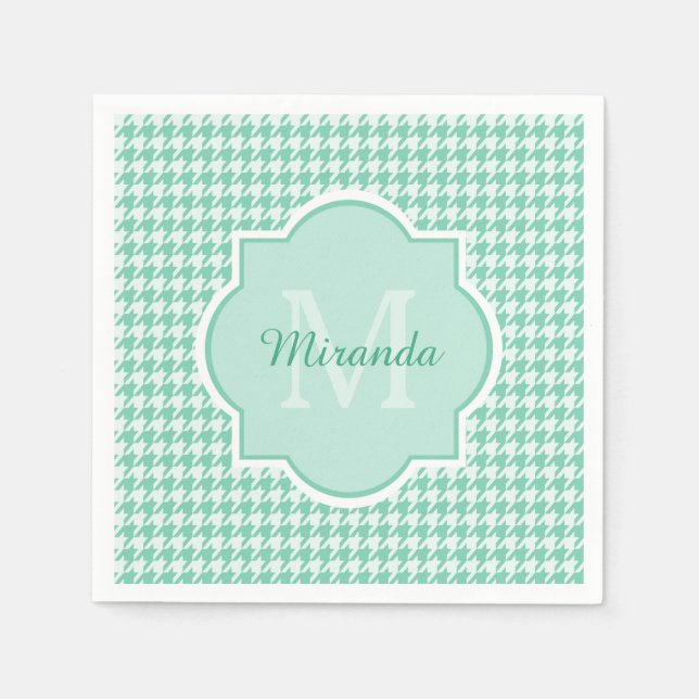 Servilleta De Papel Moda Monograma Mint Green Houndstoth Con Nombre (Anverso)