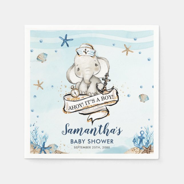 Servilleta De Papel Moda Nautical Cute Elephant Boy Baby Shower (Anverso)