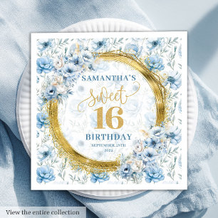 Servilleta De Papel Moda Pastel Blue Sweet 16 Napkin con espuma de oro