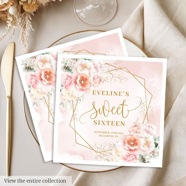 Servilleta De Papel Moda Pastel Oro Rosa Peonies Dulce Dieciséis Napki (Chic Pastel Pink Gold Peonies Sweet Sixteen Napkins)