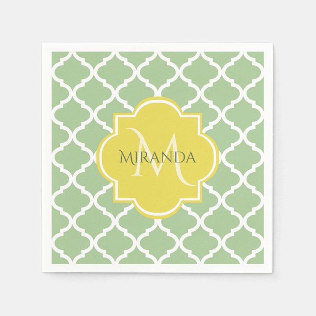 Servilleta De Papel Moda Pastel Verde Quatrefoil Amarillo Nombre Monog (Anverso)