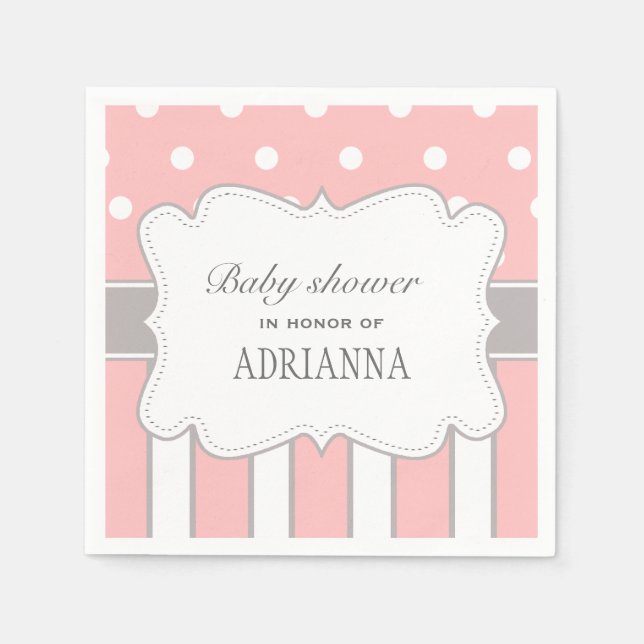Servilleta De Papel Moda Pink Gray Polka Dots Stripes Baby Shower (Anverso)