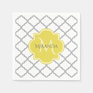 Servilleta De Papel Moda Quatrefoil blanco Monogramo amarillo Nombre e