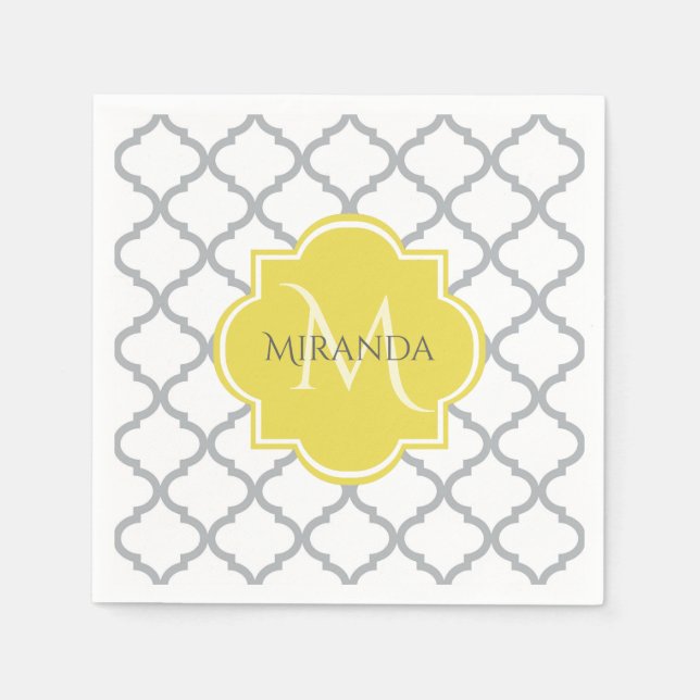 Servilleta De Papel Moda Quatrefoil gris blanco Monogramo amarillo Nom (Anverso)