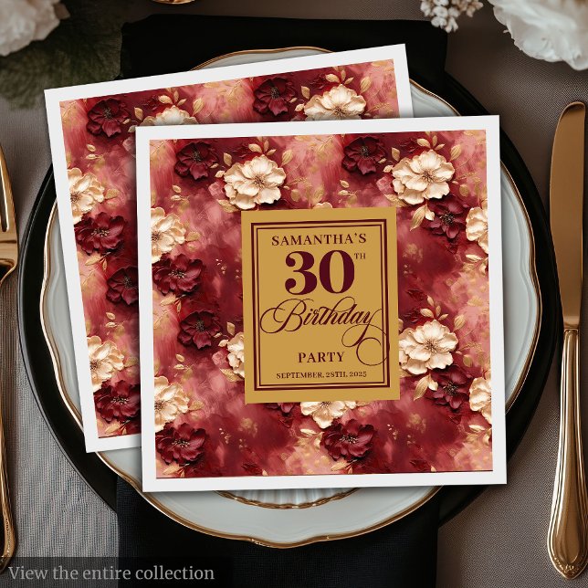 Servilleta De Papel Moda Rubor Burgundy Gold Boho 30 cumpleaños Fiesta (Chic Blush Burgundy Gold Boho 30th Birthday Party Napkins)