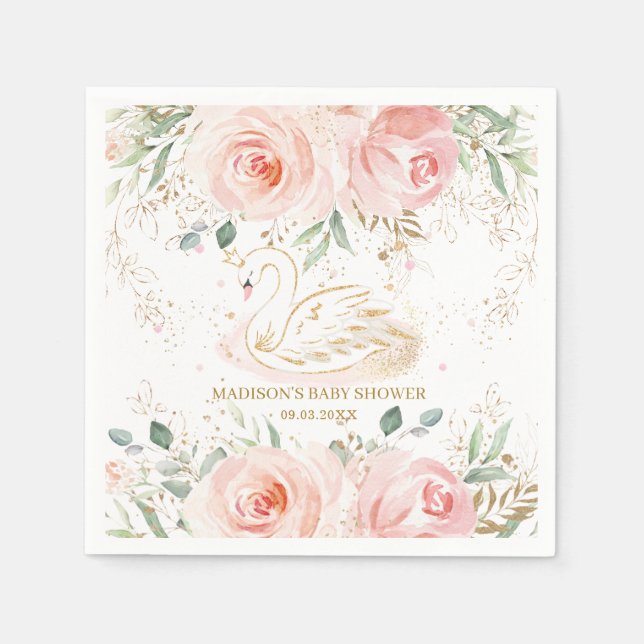 Servilleta De Papel Moda Swan Rubor Pink Floral Baby Shower Cumpleaños (Anverso)