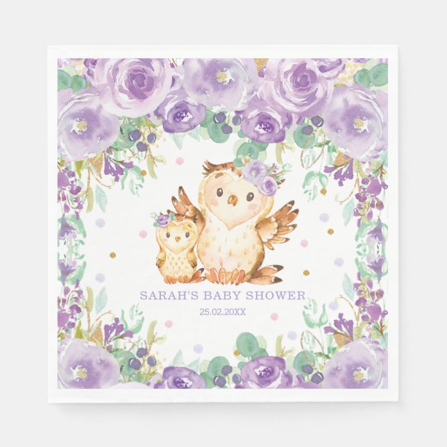 Servilleta De Papel Moda Whimsical Purple Floral Owl Baby Shower (Anverso)