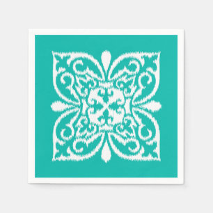 Servilleta De Papel Modelo del damasco de Ikat - turquesa y blanco