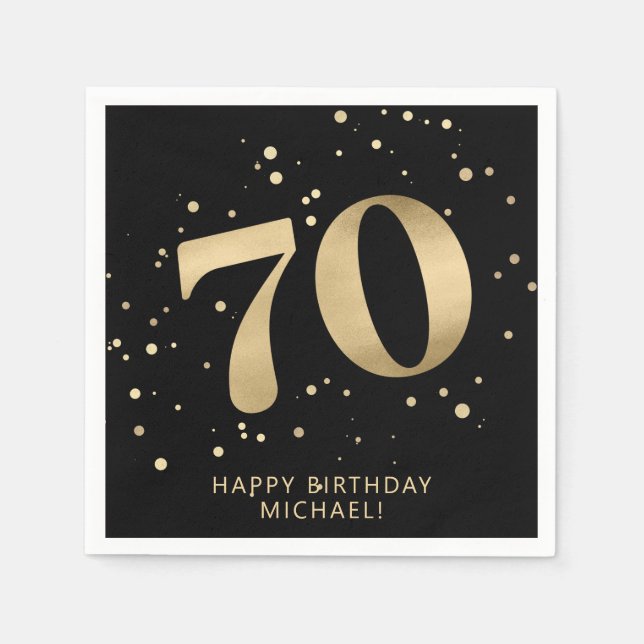 Servilleta De Papel Modern 70th Seventy Birthday | Gold Black Glitter  (Anverso)