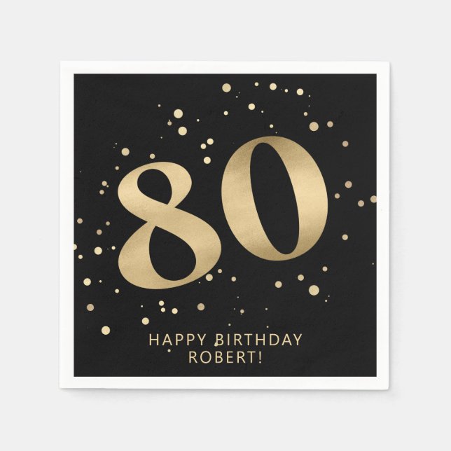 Servilleta De Papel Modern 80th Eighty Birthday | Black Gold Glitter  (Anverso)