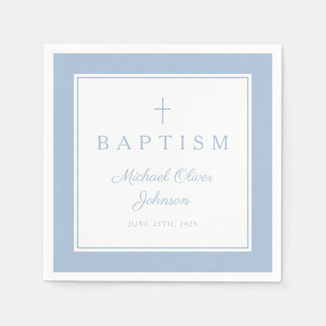 Servilleta De Papel Modern Baby Blue Religius Cross Boy Baptism (Anverso)