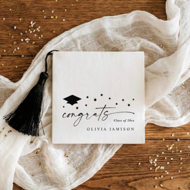 Servilleta De Papel Modern Black and White Class of 2026 Graduation (Black and white personalized graduation napkins with script congrats, stars, class of 2026)