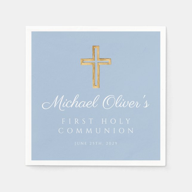 Servilleta De Papel Modern Blue Cross Boy First Communion  (Anverso)
