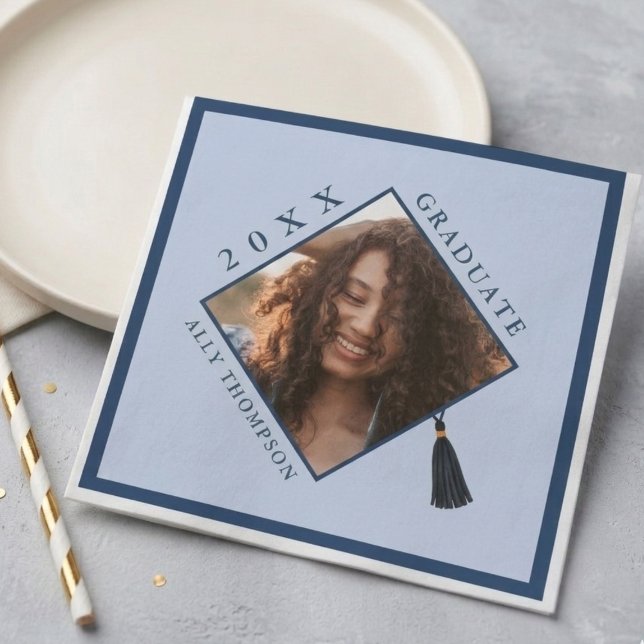 Servilleta De Papel Modern Blue Graduation Cap Photo (Modern Blue Graduation Cap Photo Napkins)