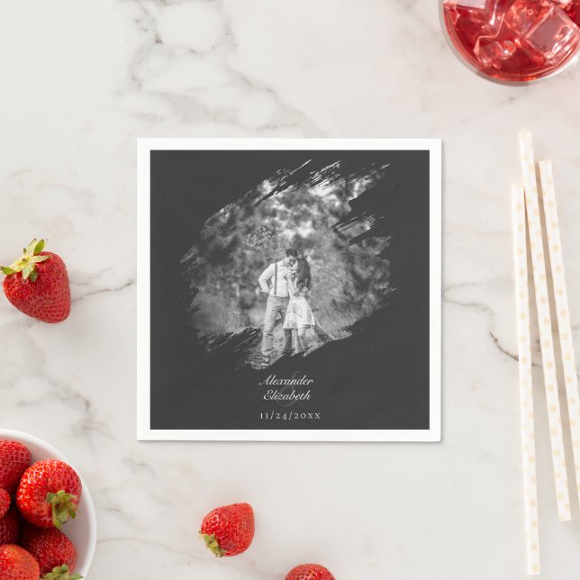 Servilleta De Papel Modern Brushstroke Photo Wedding | Soft Black (In situ)