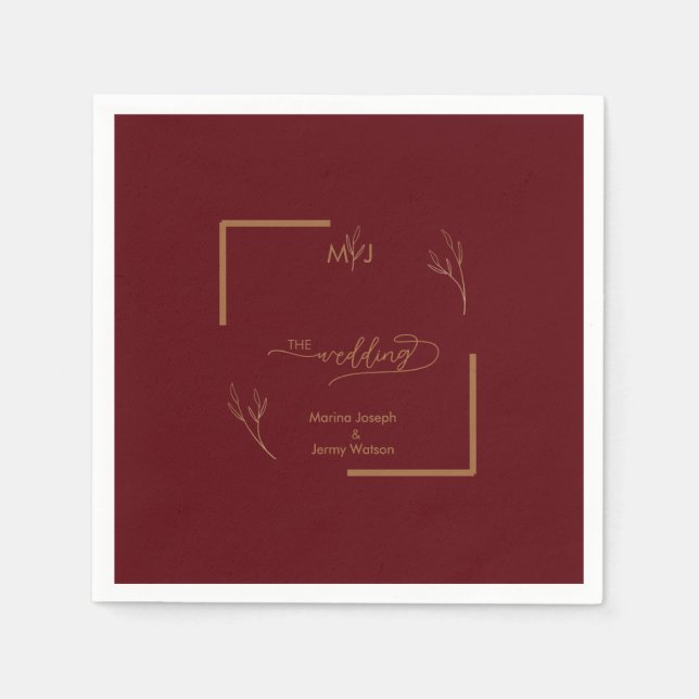 Servilleta De Papel Modern Burgundy Golden Leaflet Border Monogram (Anverso)