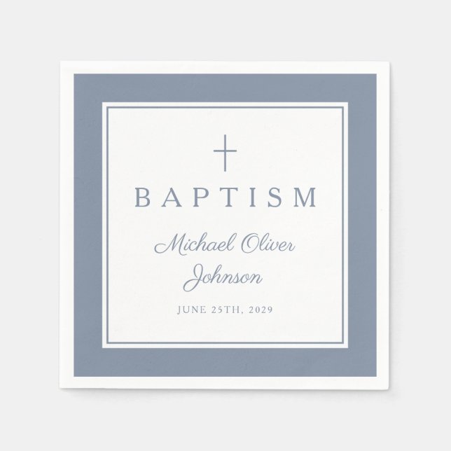 Servilleta De Papel Modern Dusty Blue Religius Cross Boy Baptism (Anverso)