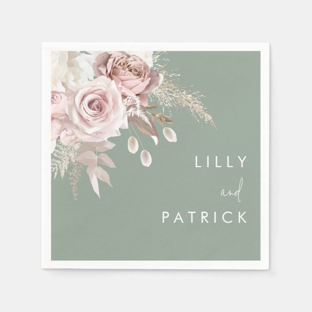 Servilleta De Papel Modern Dusty Rose Blush & Sage Wedding (Anverso)