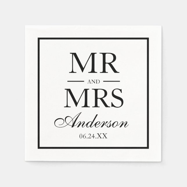 Servilleta De Papel Modern Elegant Mr. y Mrs. Boda BW (Anverso)