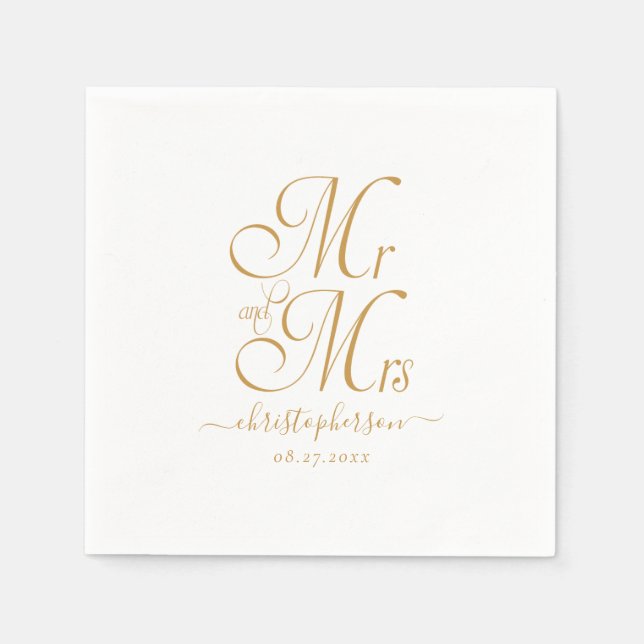 Servilleta De Papel Modern Elegant Mr. y Mrs. Gold Script Boda (Anverso)
