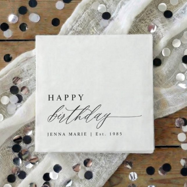 Servilleta De Papel Modern Elegant Simple Happy Birthday Script (Black and white personalized happy birthday script party napkins)