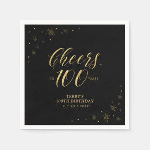 Servilleta De Papel Modern Gold Sparkle & Cheers 100th Birthday Party