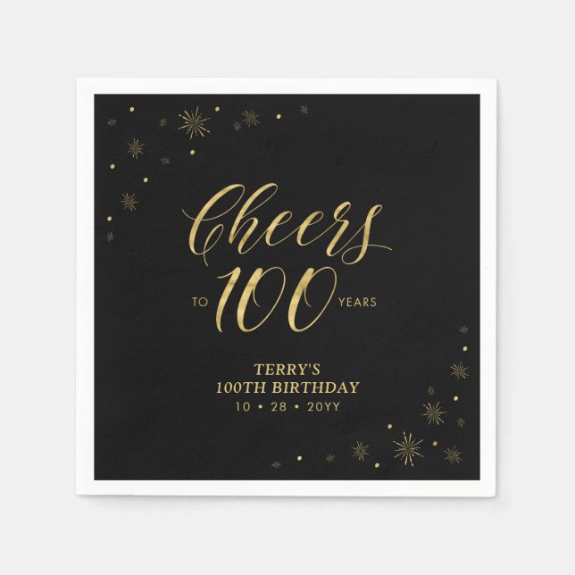 Servilleta De Papel Modern Gold Sparkle & Cheers 100th Birthday Party (Anverso)