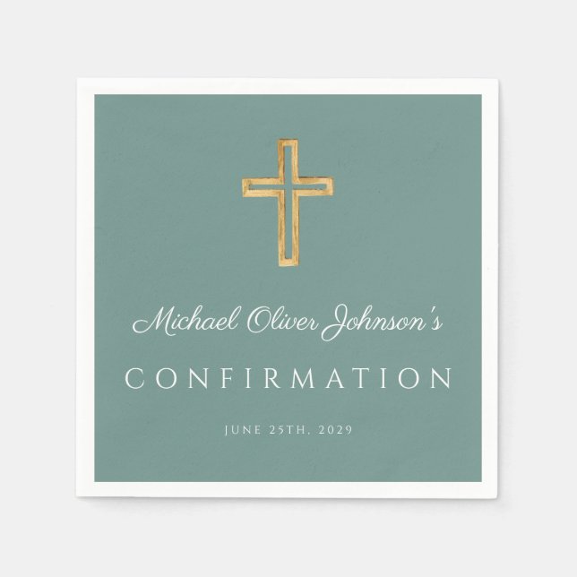 Servilleta De Papel Modern Green Religious Cross Boy Confirmation (Anverso)