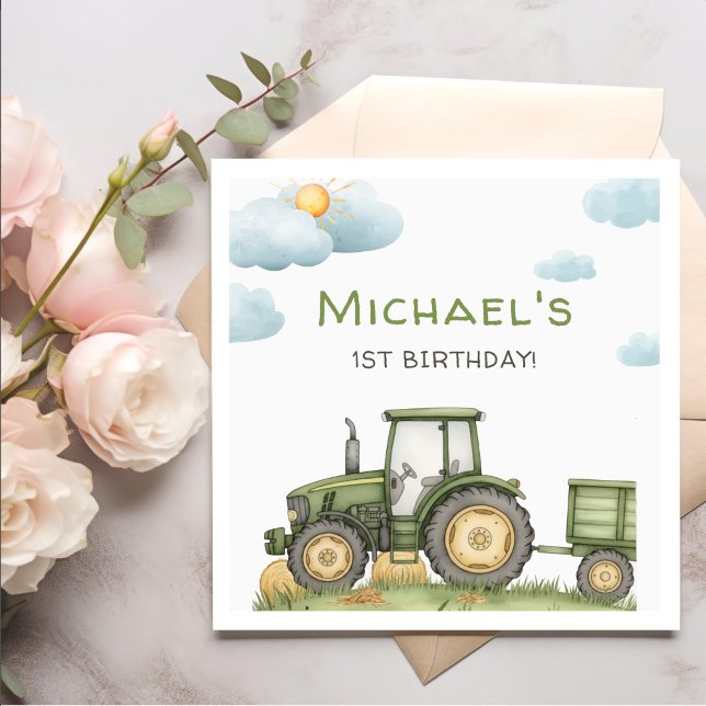 Servilleta De Papel Modern Green Tractor 1st Birthday Party (Subido por el creador)