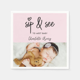 Servilleta De Papel Modern heart Pink Sip & See Custom Baby Girl Photo