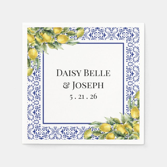Servilleta De Papel Modern Mediterranean Lemon Blue Mosaic Wedding (Anverso)