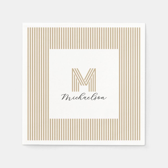 Servilleta De Papel Modern Minimal Gold Stripes Monogram (Anverso)