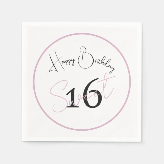 Servilleta De Papel Modern Minimalist 16th White Pink Black Birthday (Anverso)