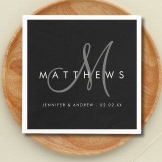 Servilleta De Papel Modern Minimalist Black Gray Monogram Wedding