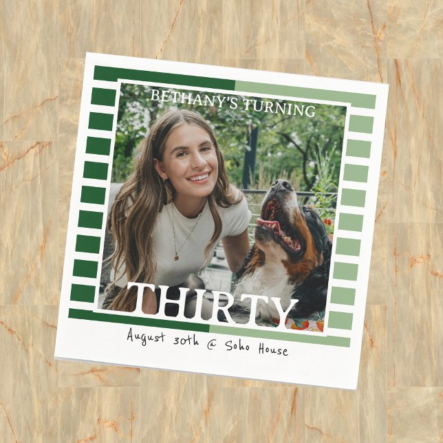 Servilleta De Papel Modern Minimalist Striped 30th Birthday Photo (Celebrate the beginning of a new decade with this Modern Minimalist Striped 30th Birthday Napkin!)