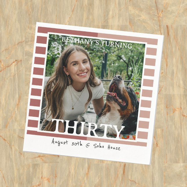 Servilleta De Papel Modern Minimalist Striped 30th Birthday Photo (Celebrate the beginning of a new decade with this Modern Minimalist Striped 30th Birthday Napkin!)