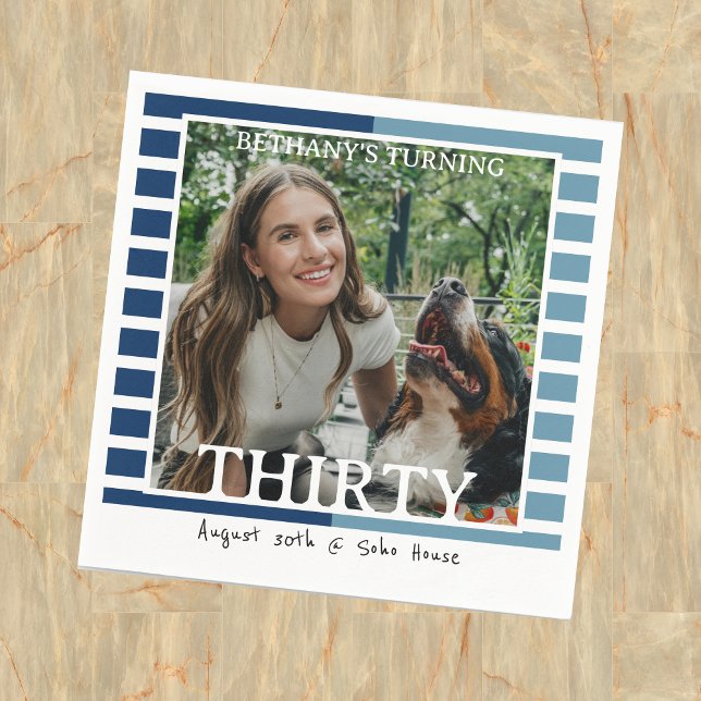 Servilleta De Papel Modern Minimalist Striped 30th Birthday Photo (Celebrate the beginning of a new decade with this Modern Minimalist Striped 30th Birthday Napkin!)