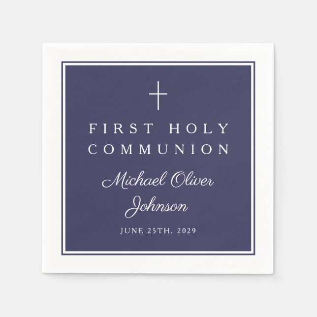 Servilleta De Papel Modern Navy Blue Religious Boy First Communion (Anverso)