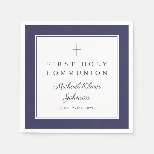 Servilleta De Papel Modern Navy Blue Religious Boy First Communion (Anverso)