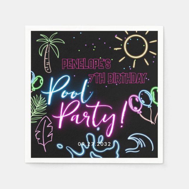 Servilleta De Papel Modern Neon Glow Black Pool Party Birthday (Anverso)