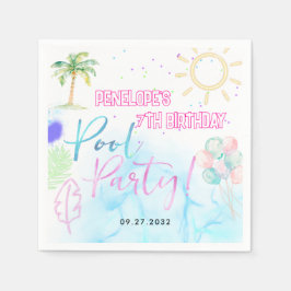 Servilleta De Papel Modern Neon Glow Watercolor Pool Party Birthday